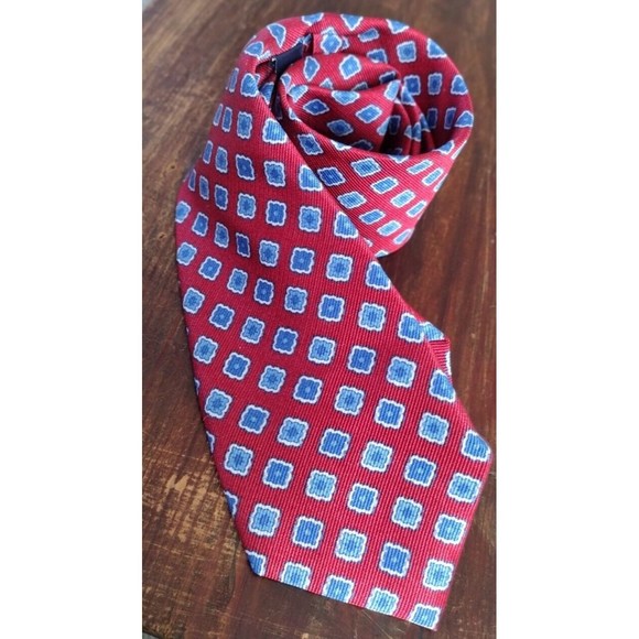 100% Silk Necktie Floral Square Print Roundtree & Yorke Mens Red Blue White - Picture 7 of 10